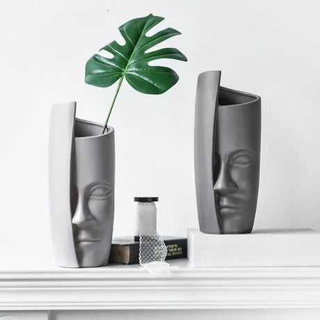 Individual ceramic face art vase decoration - Beige - 