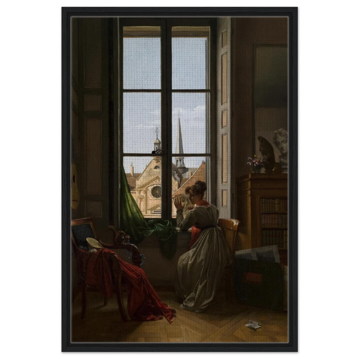 Interior with Young Woman Tracing a Flower – Artwork by Louise Adéone Drölling | Wall art print - Framed Canvas - 60x90 cm / 24x36″ - Black frame