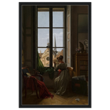 Interior with Young Woman Tracing a Flower – Artwork by Louise Adéone Drölling | Wall art print - Framed Canvas - 60x90 cm / 24x36″ - Black frame