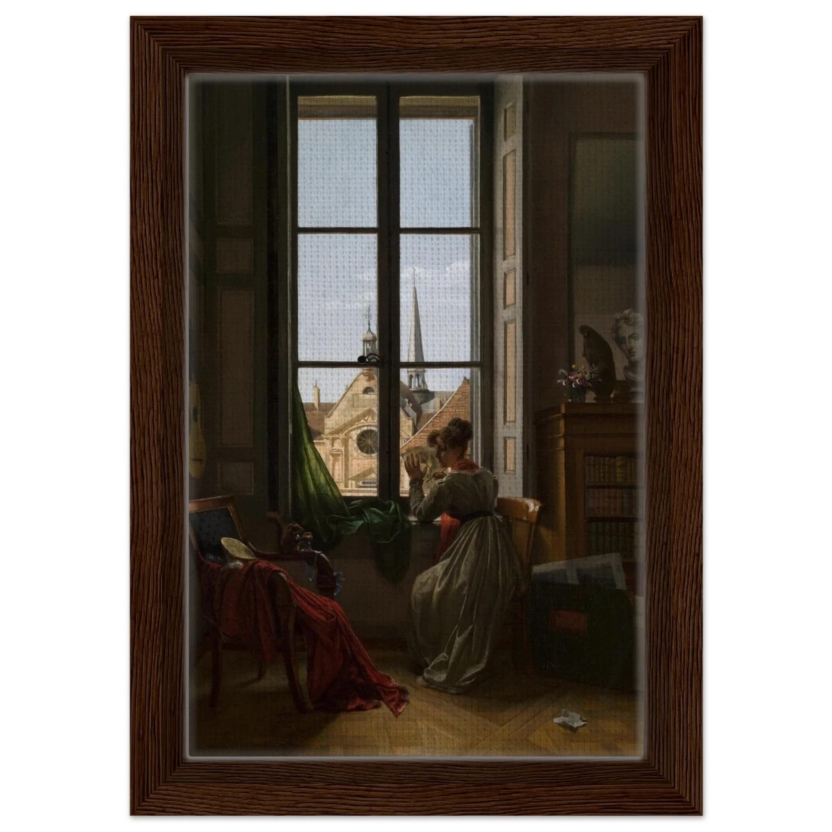 Interior with Young Woman Tracing a Flower – Artwork by Louise Adéone Drölling | Wall art print - Framed Canvas - 20x30 cm / 8x12″ - Dark wood frame