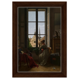 Interior with Young Woman Tracing a Flower – Artwork by Louise Adéone Drölling | Wall art print - Framed Canvas - 20x30 cm / 8x12″ - Dark wood frame