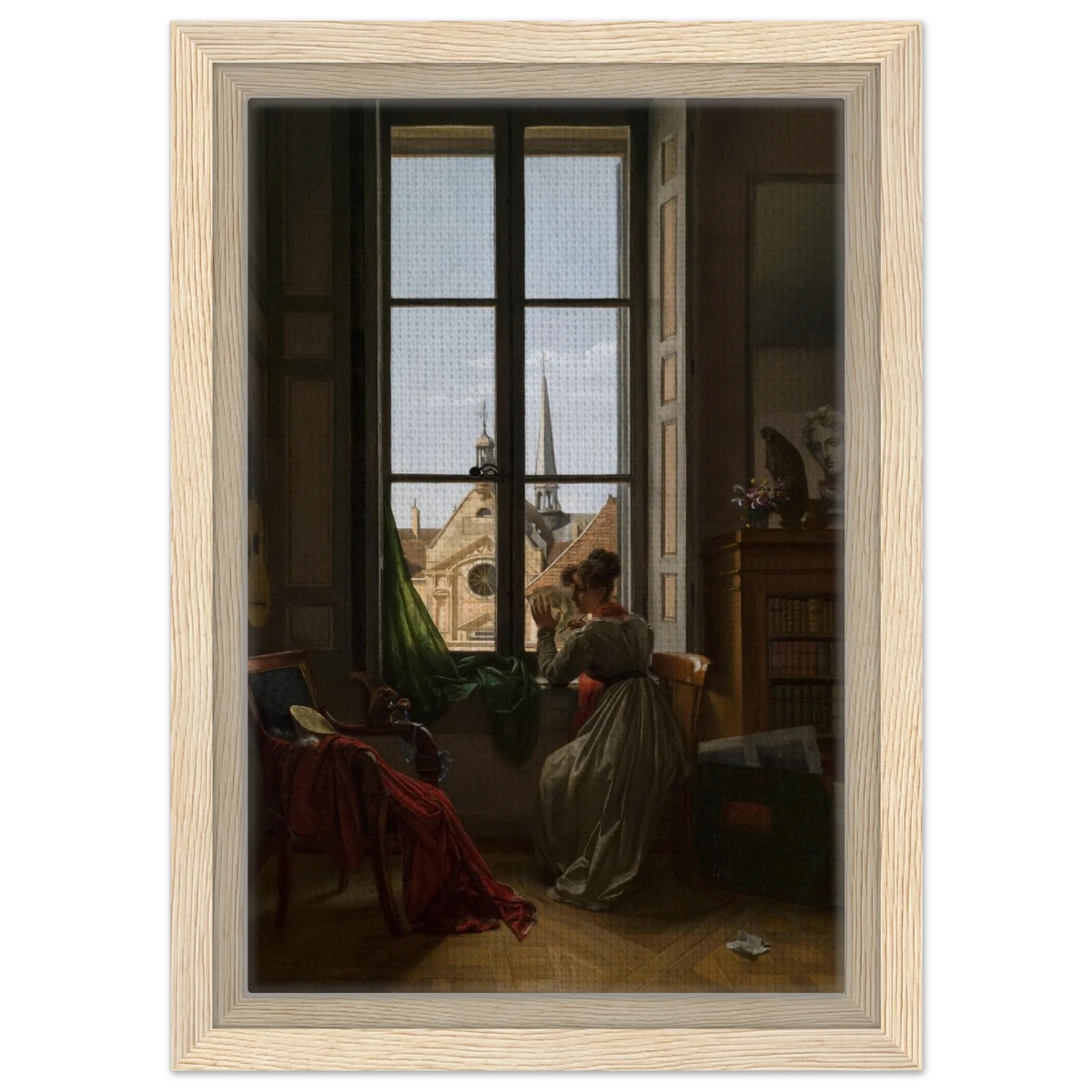 Interior with Young Woman Tracing a Flower – Artwork by Louise Adéone Drölling | Wall art print - Framed Canvas - 20x30 cm / 8x12″ - Wood frame