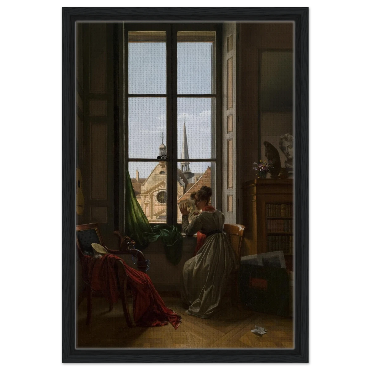 Interior with Young Woman Tracing a Flower – Artwork by Louise Adéone Drölling | Wall art print - Framed Canvas - 40x60 cm / 16x24″ - Black frame