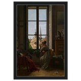 Interior with Young Woman Tracing a Flower – Artwork by Louise Adéone Drölling | Wall art print - Framed Canvas - 40x60 cm / 16x24″ - Black frame