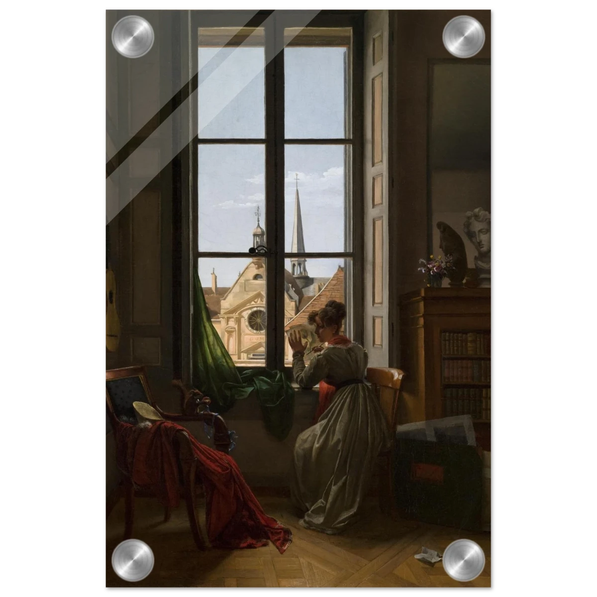 Interior with Young Woman Tracing a Flower – Artwork by Louise Adéone Drölling | Wall art print - Acrylic Print - 20x30 cm / 8x12″ - 