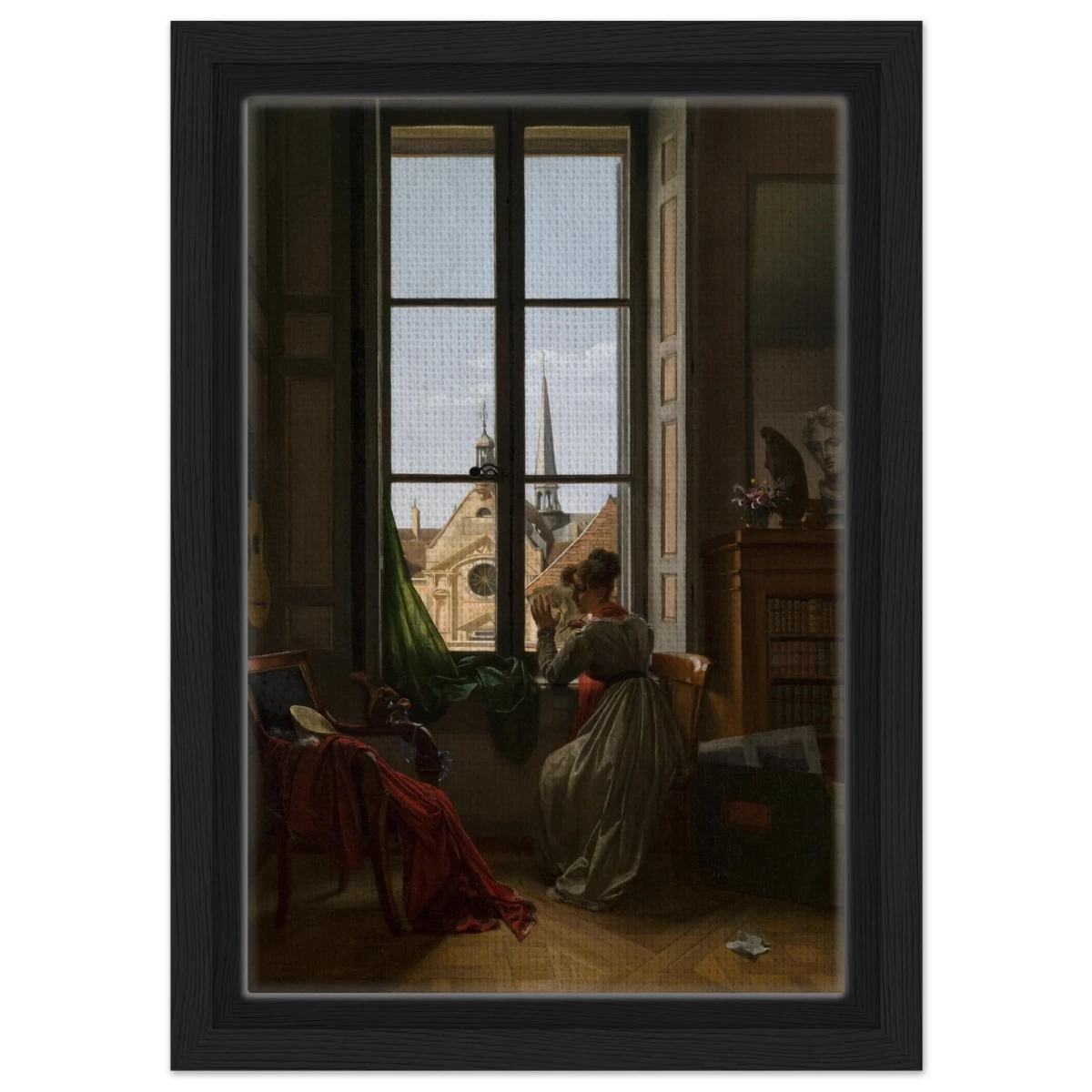 Interior with Young Woman Tracing a Flower – Artwork by Louise Adéone Drölling | Wall art print - Framed Canvas - 20x30 cm / 8x12″ - Black frame