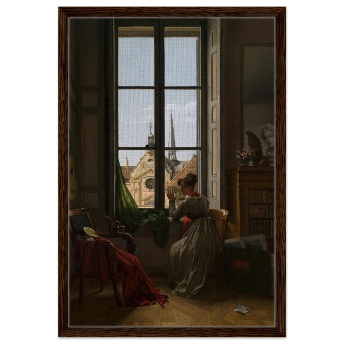 Interior with Young Woman Tracing a Flower – Artwork by Louise Adéone Drölling | Wall art print - Framed Canvas - 50x75 cm / 20x30″ - Dark wood frame