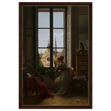Interior with Young Woman Tracing a Flower – Artwork by Louise Adéone Drölling | Wall art print - Framed Canvas - 50x75 cm / 20x30″ - Dark wood frame