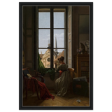 Interior with Young Woman Tracing a Flower – Artwork by Louise Adéone Drölling | Wall art print - Framed Canvas - 50x75 cm / 20x30″ - Black frame