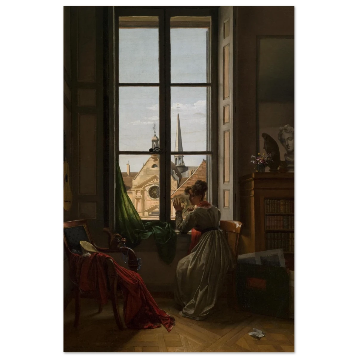 Interior with Young Woman Tracing a Flower – Artwork by Louise Adéone Drölling | Wall art print - Wood Prints - 60x90 cm / 24x36″ - 