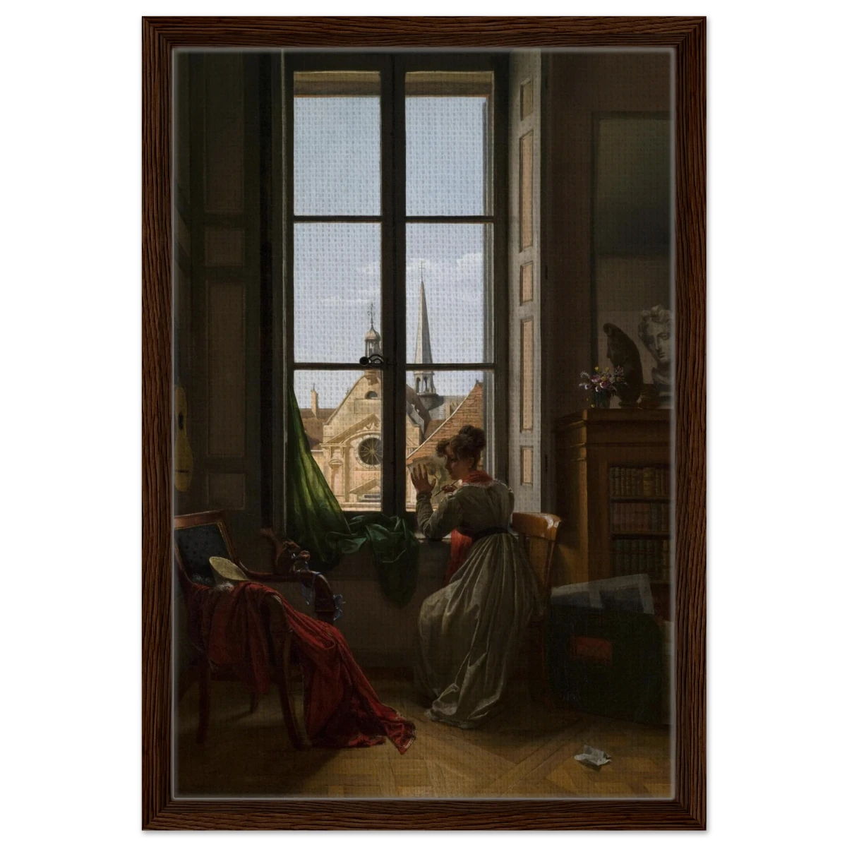Interior with Young Woman Tracing a Flower – Artwork by Louise Adéone Drölling | Wall art print - Framed Canvas - 40x60 cm / 16x24″ - Dark wood frame