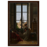 Interior with Young Woman Tracing a Flower – Artwork by Louise Adéone Drölling | Wall art print - Framed Canvas - 40x60 cm / 16x24″ - Dark wood frame