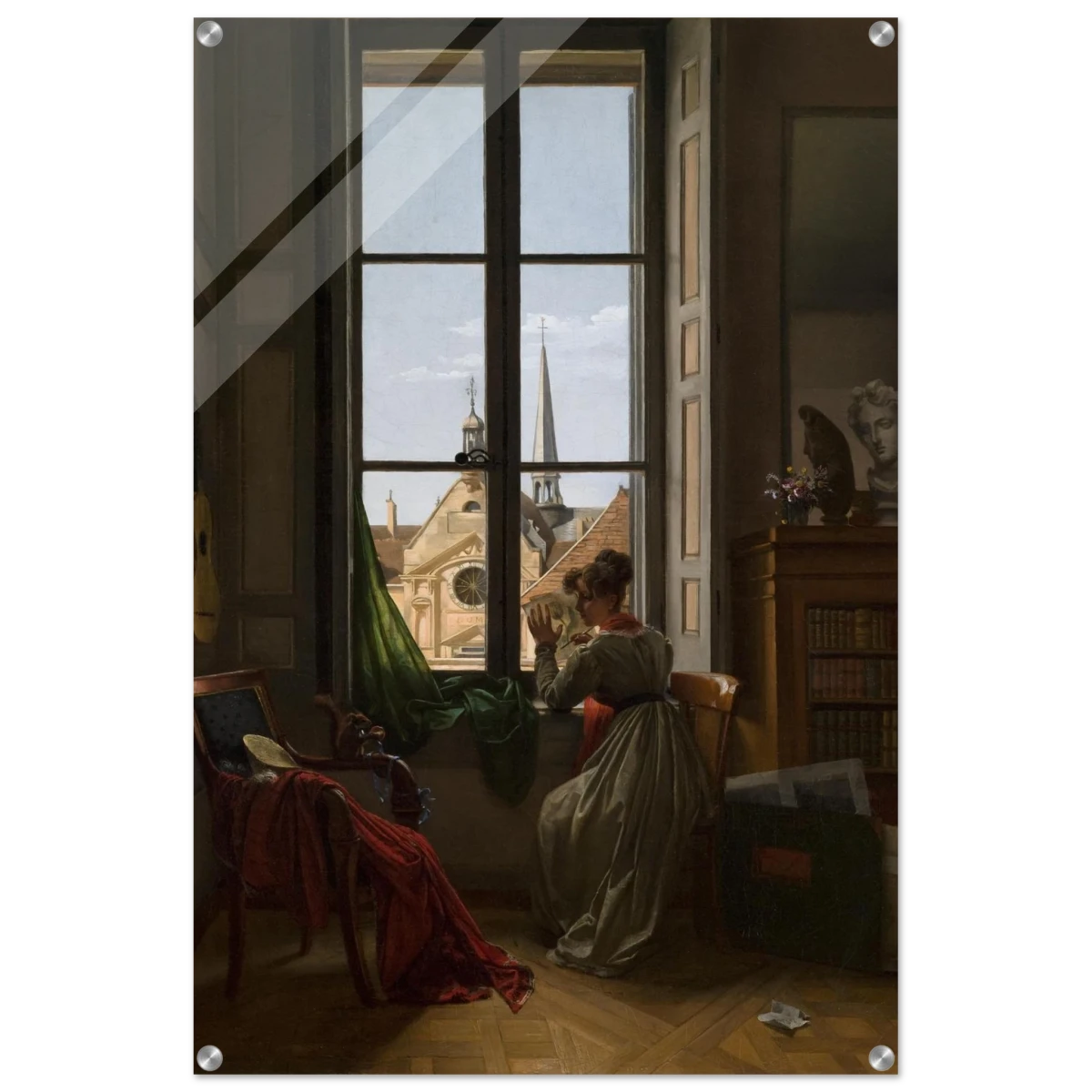 Interior with Young Woman Tracing a Flower – Artwork by Louise Adéone Drölling | Wall art print - Acrylic Print - 60x90 cm / 24x36″ - 