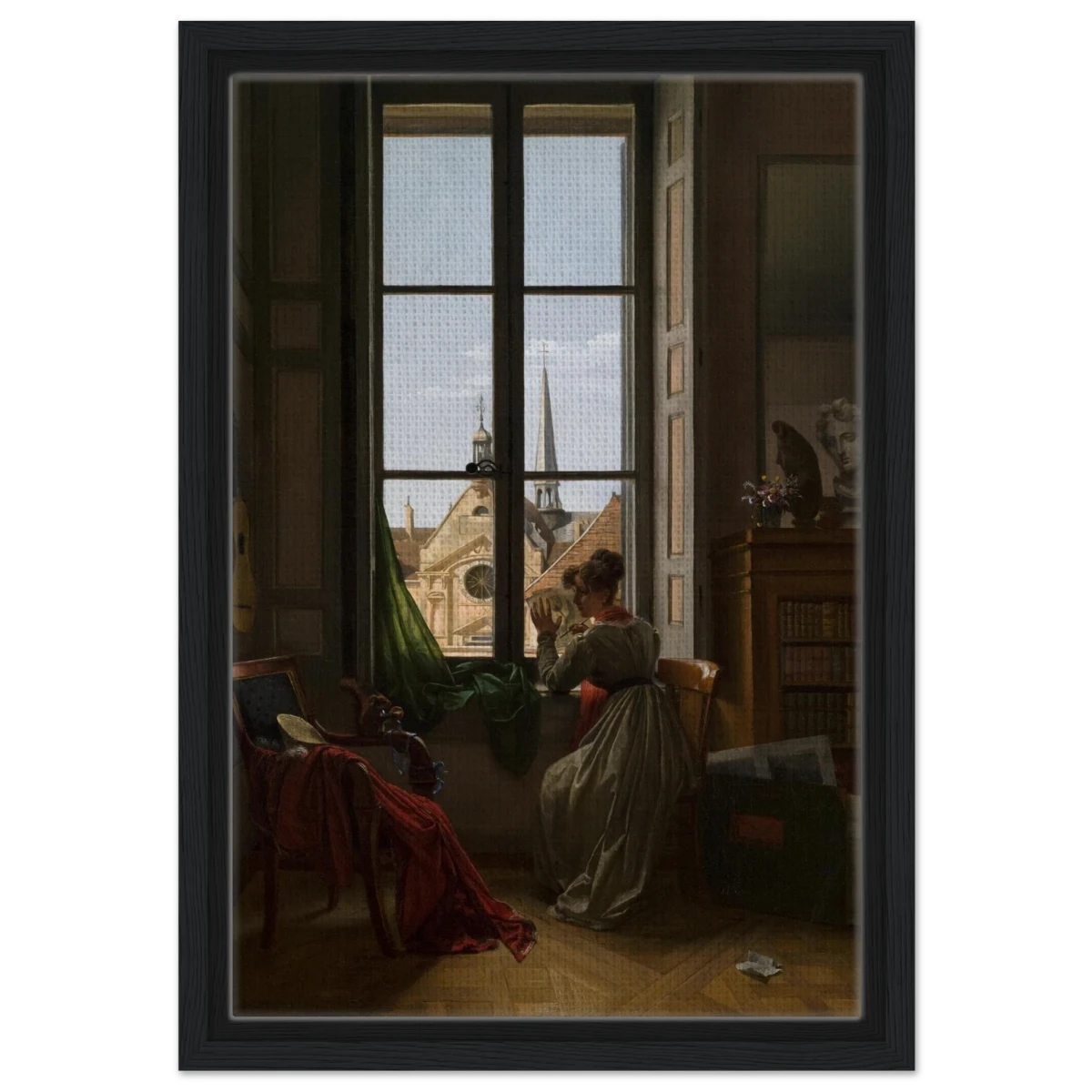 Interior with Young Woman Tracing a Flower – Artwork by Louise Adéone Drölling | Wall art print - Framed Canvas - 30x45 cm / 12x18″ - Black frame