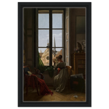 Interior with Young Woman Tracing a Flower – Artwork by Louise Adéone Drölling | Wall art print - Framed Canvas - 30x45 cm / 12x18″ - Black frame