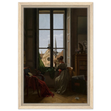 Interior with Young Woman Tracing a Flower – Artwork by Louise Adéone Drölling | Wall art print - Framed Canvas - 30x45 cm / 12x18″ - Wood frame