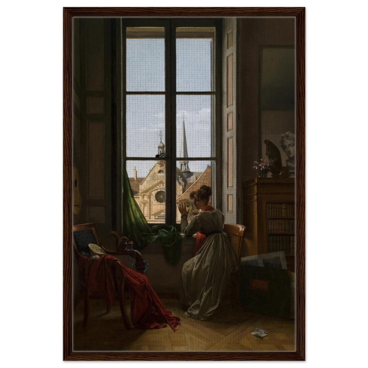 Interior with Young Woman Tracing a Flower – Artwork by Louise Adéone Drölling | Wall art print - Framed Canvas - 60x90 cm / 24x36″ - Dark wood frame