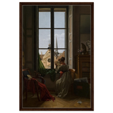 Interior with Young Woman Tracing a Flower – Artwork by Louise Adéone Drölling | Wall art print - Framed Canvas - 60x90 cm / 24x36″ - Dark wood frame
