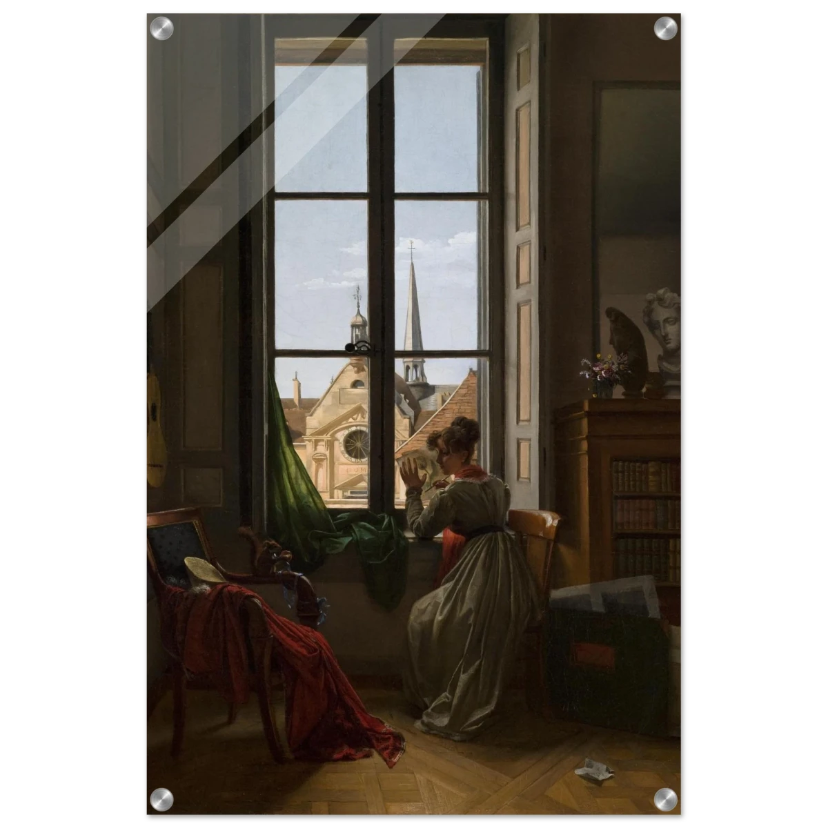 Interior with Young Woman Tracing a Flower – Artwork by Louise Adéone Drölling | Wall art print - Acrylic Print - 50x75 cm / 20x30″ - 