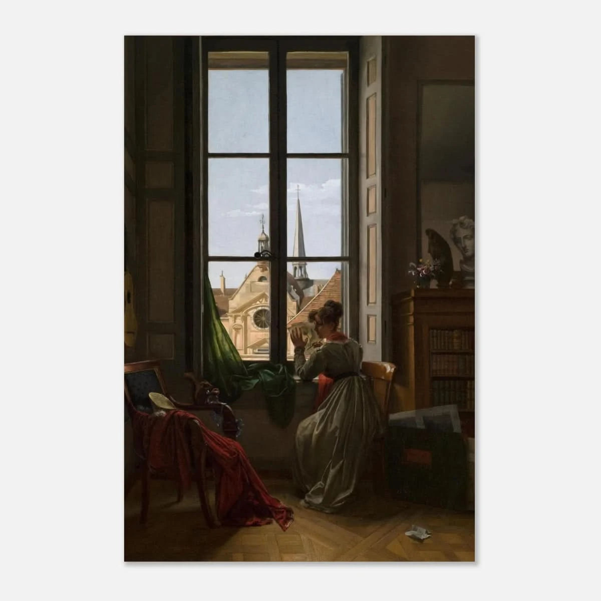 Interior with Young Woman Tracing a Flower – Artwork by Louise Adéone Drölling | Wall art print - Aluminum Print - 20x30 cm / 8x12″ - 