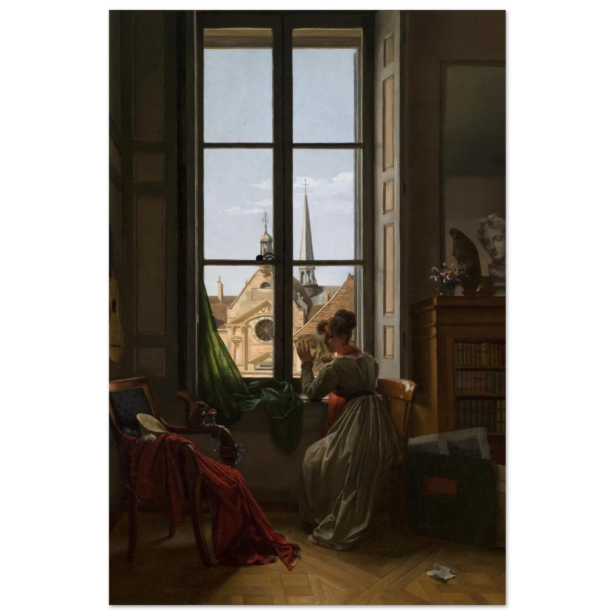 Interior with Young Woman Tracing a Flower – Artwork by Louise Adéone Drölling | Wall art print - Fine Art Poster - 40x60 cm / 16x24″ - 