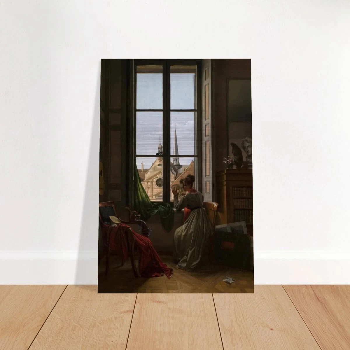 Interior with Young Woman Tracing a Flower – Artwork by Louise Adéone Drölling | Wall art print - Brushed Aluminum Print - 50x75 cm / 20x30″ - 