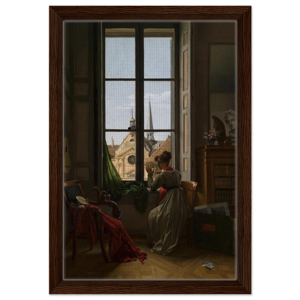 Interior with Young Woman Tracing a Flower – Artwork by Louise Adéone Drölling | Wall art print - Framed Canvas - 30x45 cm / 12x18″ - Dark wood frame