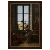 Interior with Young Woman Tracing a Flower – Artwork by Louise Adéone Drölling | Wall art print - Framed Canvas - 30x45 cm / 12x18″ - Dark wood frame