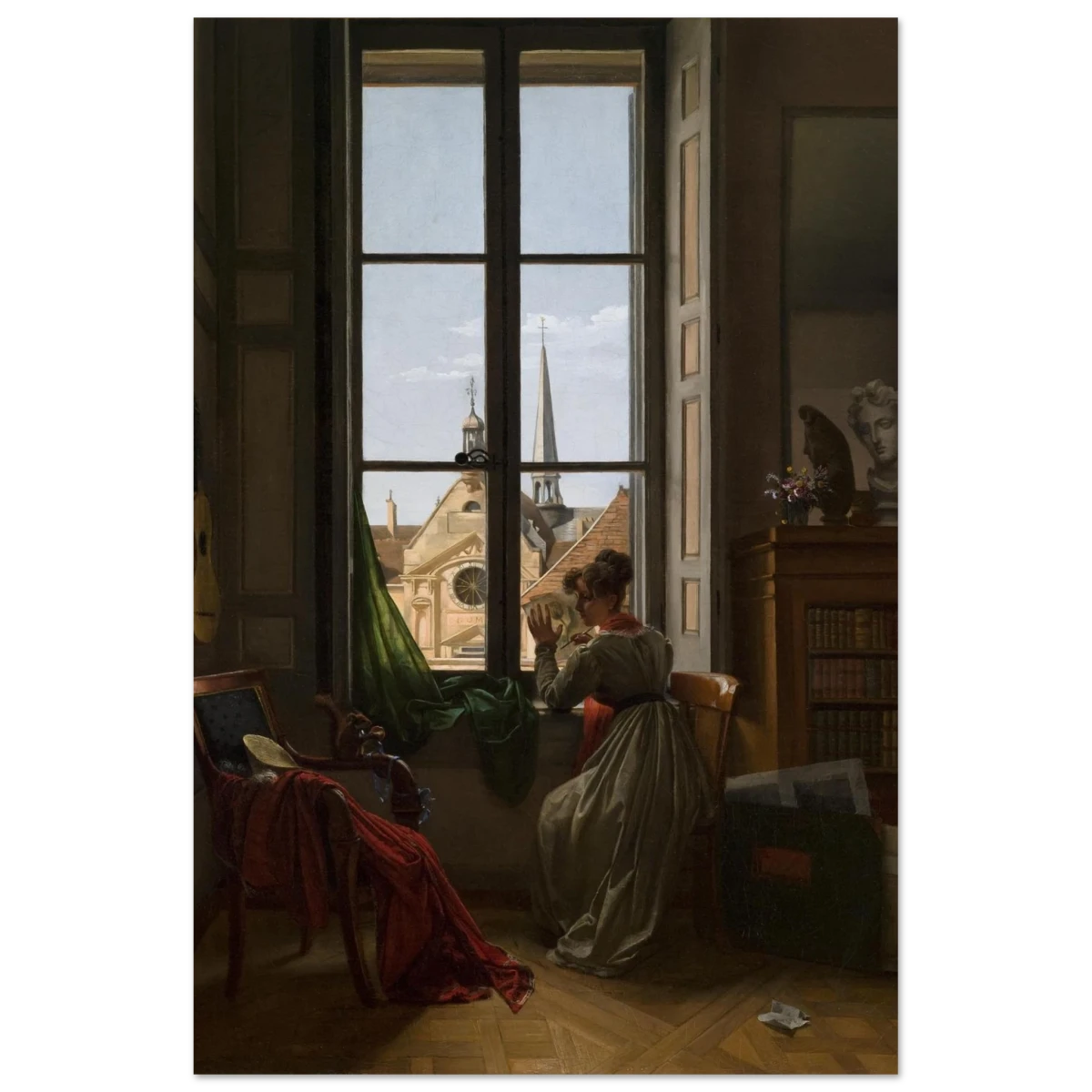Interior with Young Woman Tracing a Flower – Artwork by Louise Adéone Drölling | Wall art print - Fine Art Poster - 30x45 cm / 12x18″ - 
