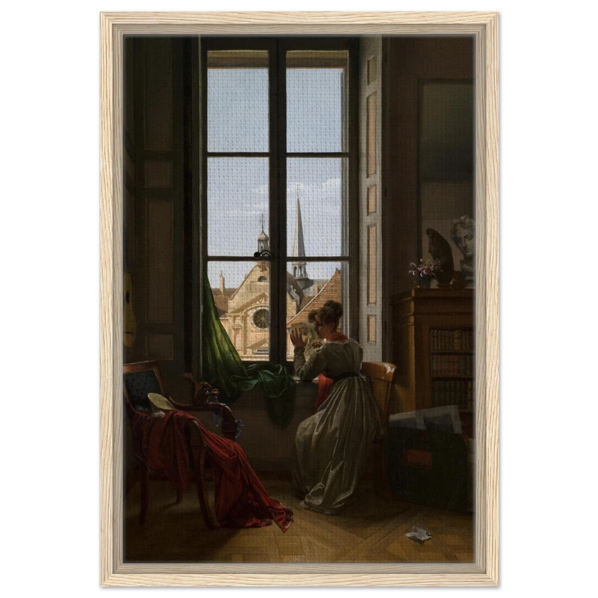Interior with Young Woman Tracing a Flower – Artwork by Louise Adéone Drölling | Wall art print - Framed Canvas - 40x60 cm / 16x24″ - Wood frame