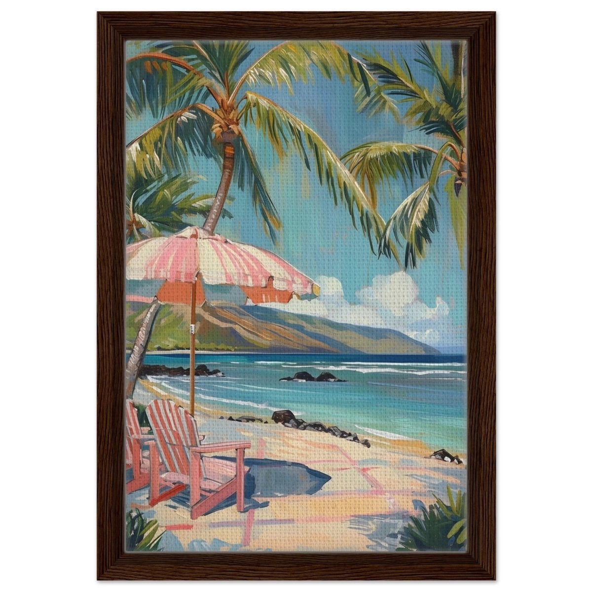 Island Retreat with Palm Breeze | Contemporary Impressionism wall art print - 30x45 cm / 12x18″ - Framed Canvas - Dark wood frame