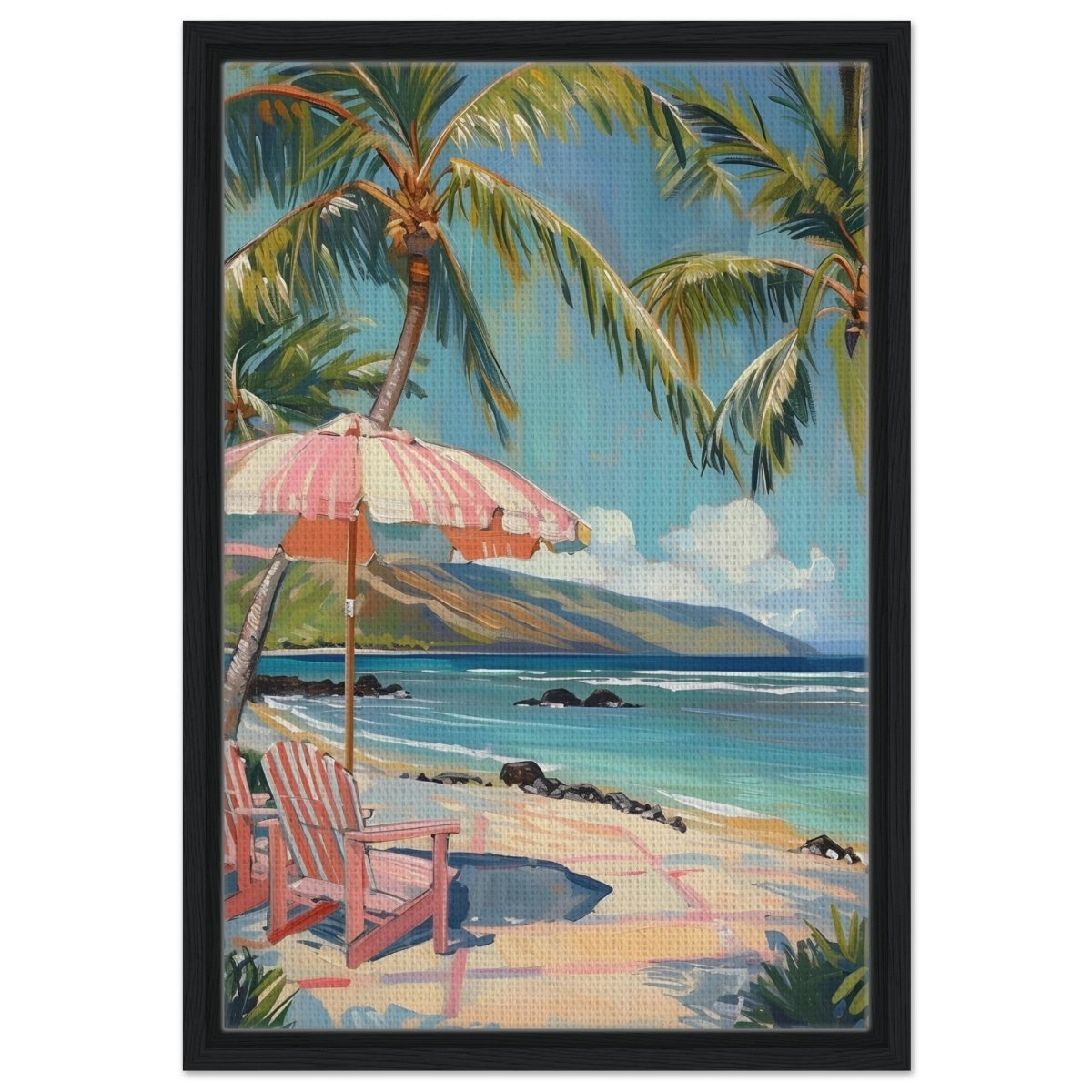 Island Retreat with Palm Breeze | Contemporary Impressionism wall art print - 40x60 cm / 16x24″ - Framed Canvas - Black frame