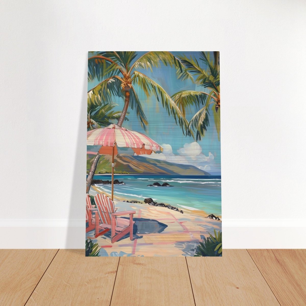 Island Retreat with Palm Breeze | Contemporary Impressionism wall art print - 50x75 cm / 20x30″ - Brushed Aluminum Print - 