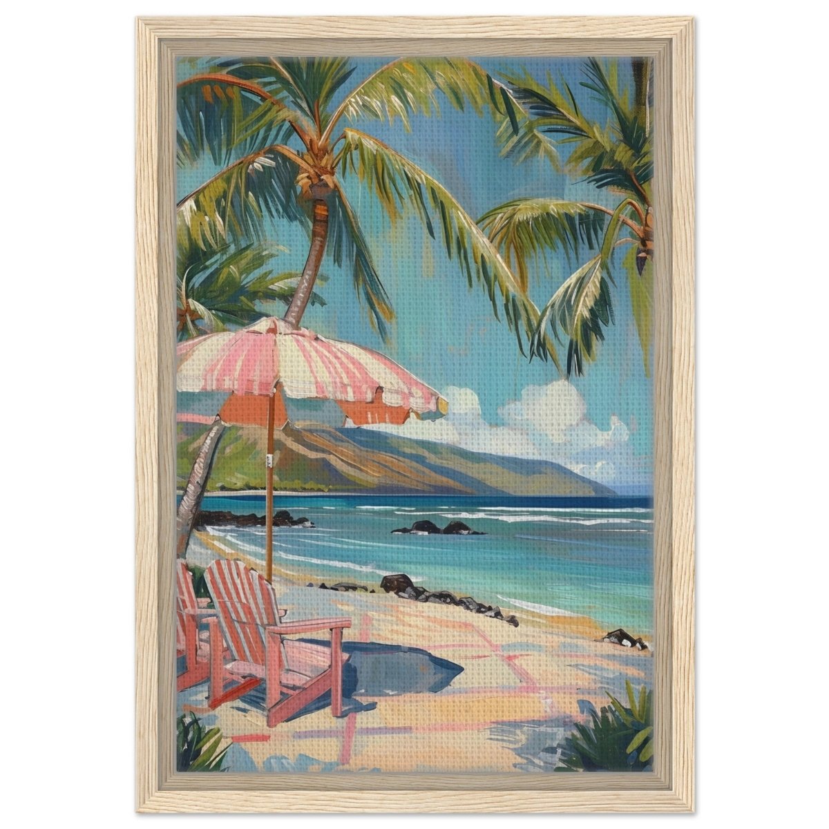 Island Retreat with Palm Breeze | Contemporary Impressionism wall art print - 30x45 cm / 12x18″ - Framed Canvas - Wood frame