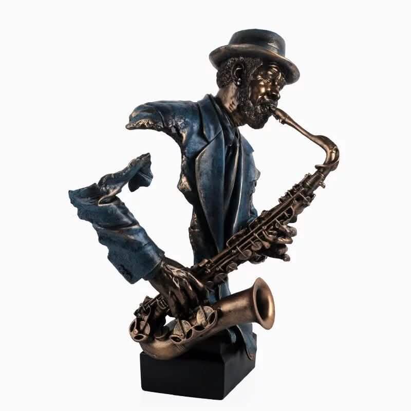 Jazz Musician Resin Sculptures – Cold Cast Copper Artwork for Home & Office Décor - Saxophone blue - 