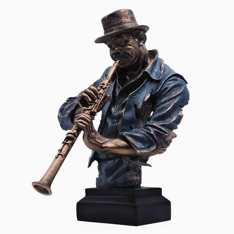 Jazz Musician Resin Sculptures – Cold Cast Copper Artwork for Home & Office Décor - Small blue blow clarinet - 