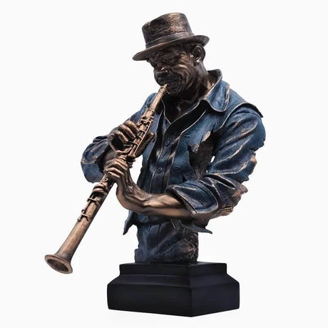 Jazz Musician Resin Sculptures – Cold Cast Copper Artwork for Home & Office Décor - Small blue blow clarinet - 