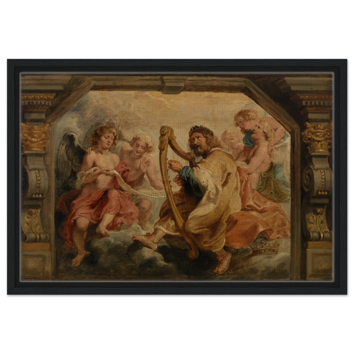 King David Playing the Harp – Peter Paul Rubens Wall Art Print - Framed Canvas - 40x60 cm / 16x24″ - Black frame