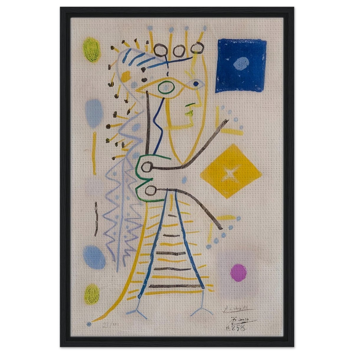 La Femme Aux des (Jacqueline) (blue), c. 1958 by Pablo Picasso | Cubism wall art print - Framed Canvas - 50x75 cm / 20x30″ - Black frame