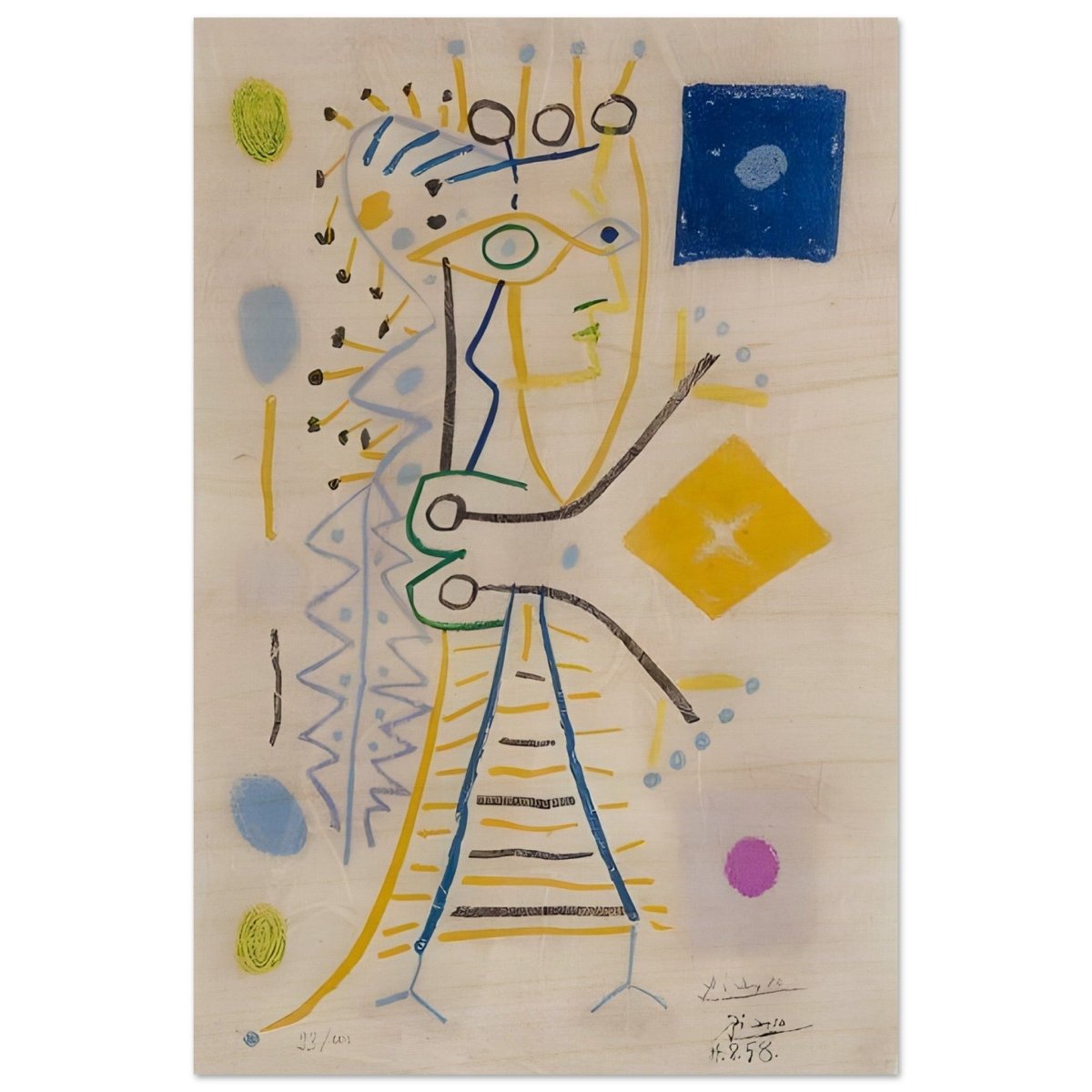 La Femme Aux des (Jacqueline) (blue), c. 1958 by Pablo Picasso | Cubism wall art print - Wood Prints - 50x75 cm / 20x30″ - 