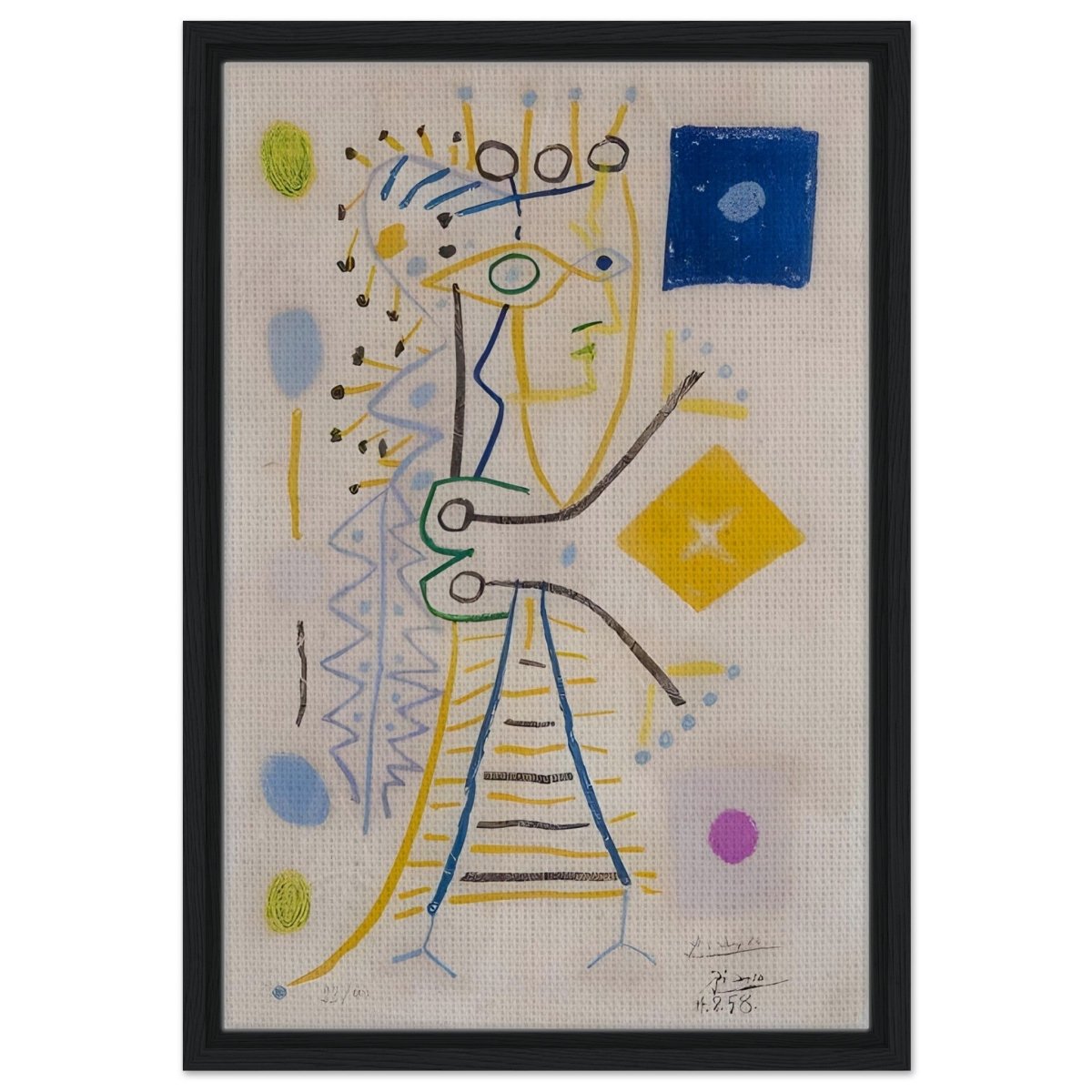 La Femme Aux des (Jacqueline) (blue), c. 1958 by Pablo Picasso | Cubism wall art print - Framed Canvas - 40x60 cm / 16x24″ - Black frame