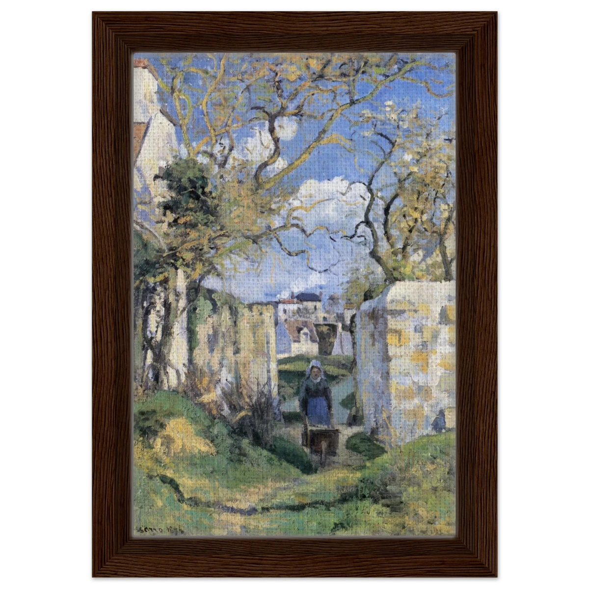 Landscape From Pontoise (1874) by Camille Pissarro – Impressionist Wall Art Print - Framed Canvas - 20x30 cm / 8x12″ - Dark wood frame