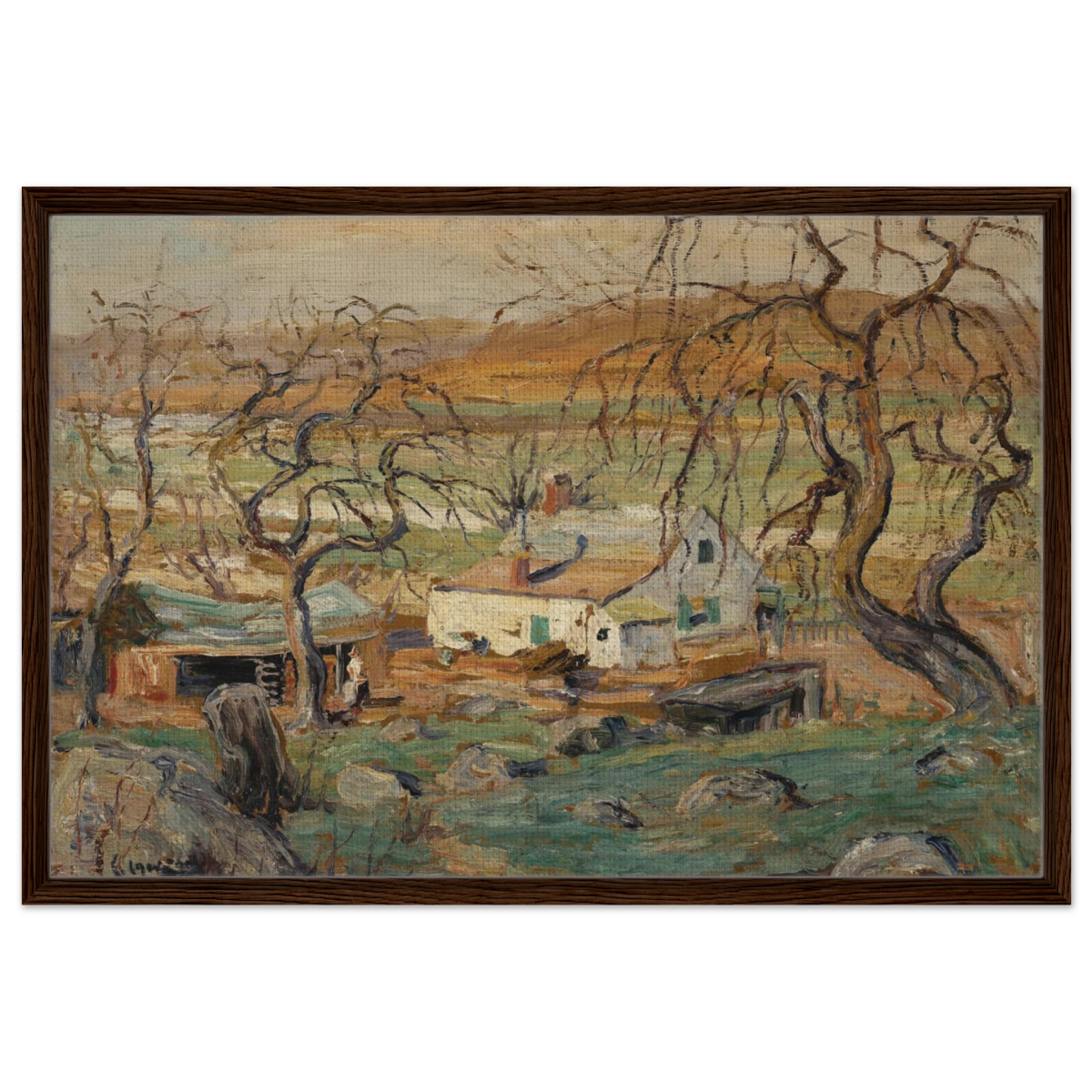 Landscape with Gnarled Trees by Ernest Lawson | Nature Wall art Print - Framed Canvas - 60x90 cm / 24x36″ - Dark wood frame