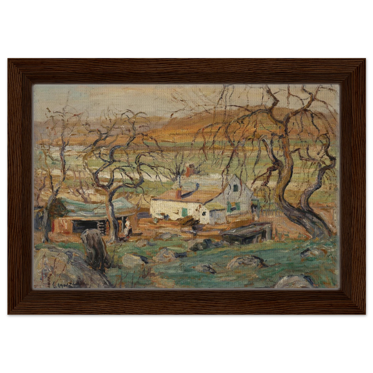 Landscape with Gnarled Trees by Ernest Lawson | Nature Wall art Print - Framed Canvas - 20x30 cm / 8x12″ - Dark wood frame