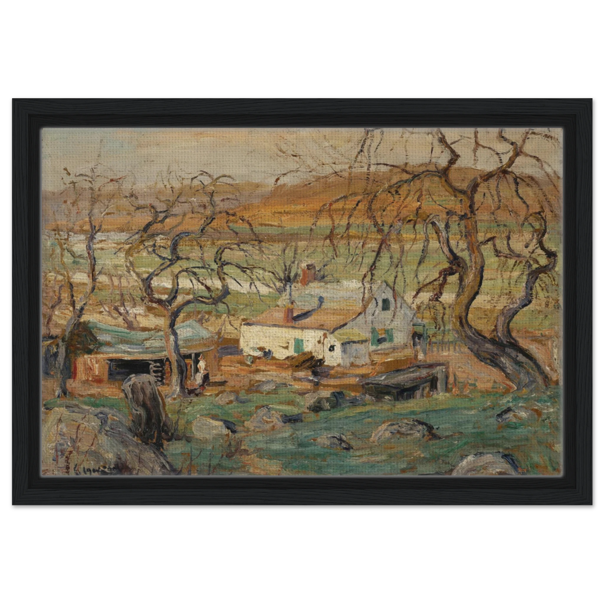 Landscape with Gnarled Trees by Ernest Lawson | Nature Wall art Print - Framed Canvas - 30x45 cm / 12x18″ - Black frame
