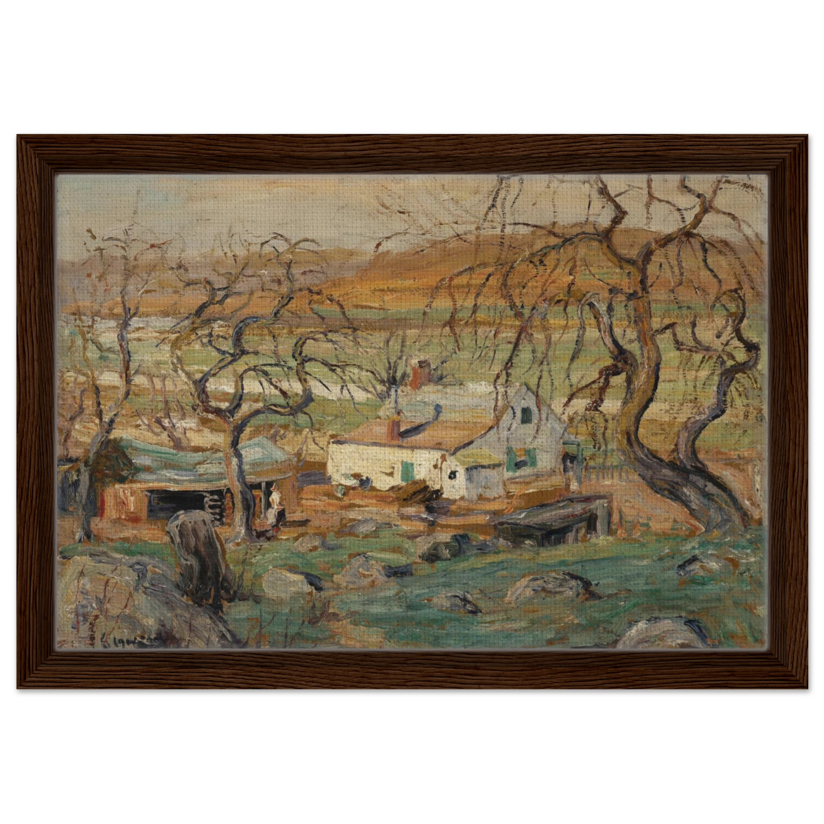 Landscape with Gnarled Trees by Ernest Lawson | Nature Wall art Print - Framed Canvas - 30x45 cm / 12x18″ - Dark wood frame
