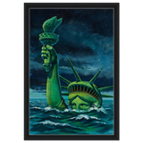 "Liberty Submerged" – Surreal Political Apocalypse Art | Statement Wall Art Print - Framed Canvas - 40x60 cm / 16x24″ - Black frame