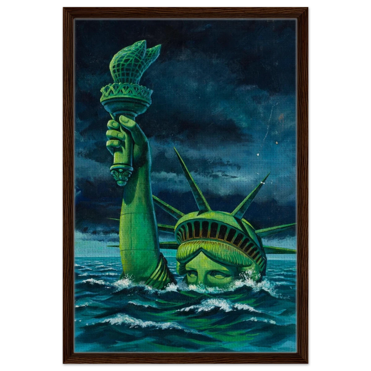 "Liberty Submerged" – Surreal Political Apocalypse Art | Statement Wall Art Print - Framed Canvas - 50x75 cm / 20x30″ - Dark wood frame