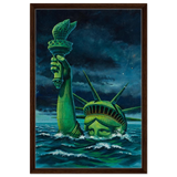 "Liberty Submerged" – Surreal Political Apocalypse Art | Statement Wall Art Print - Framed Canvas - 50x75 cm / 20x30″ - Dark wood frame