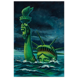 "Liberty Submerged" – Surreal Political Apocalypse Art | Statement Wall Art Print - Wood Prints - 40x60 cm / 16x24″ - 
